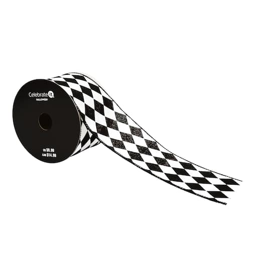 2.5" x 6.6yd. Black & White Diamond Wired Faux Linen Ribbon by Celebrate It®